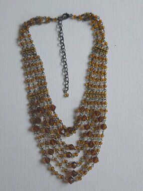 Vintage Amber Glass Crystal Multi Strand Waterfall Bib Necklace Bronze Tone